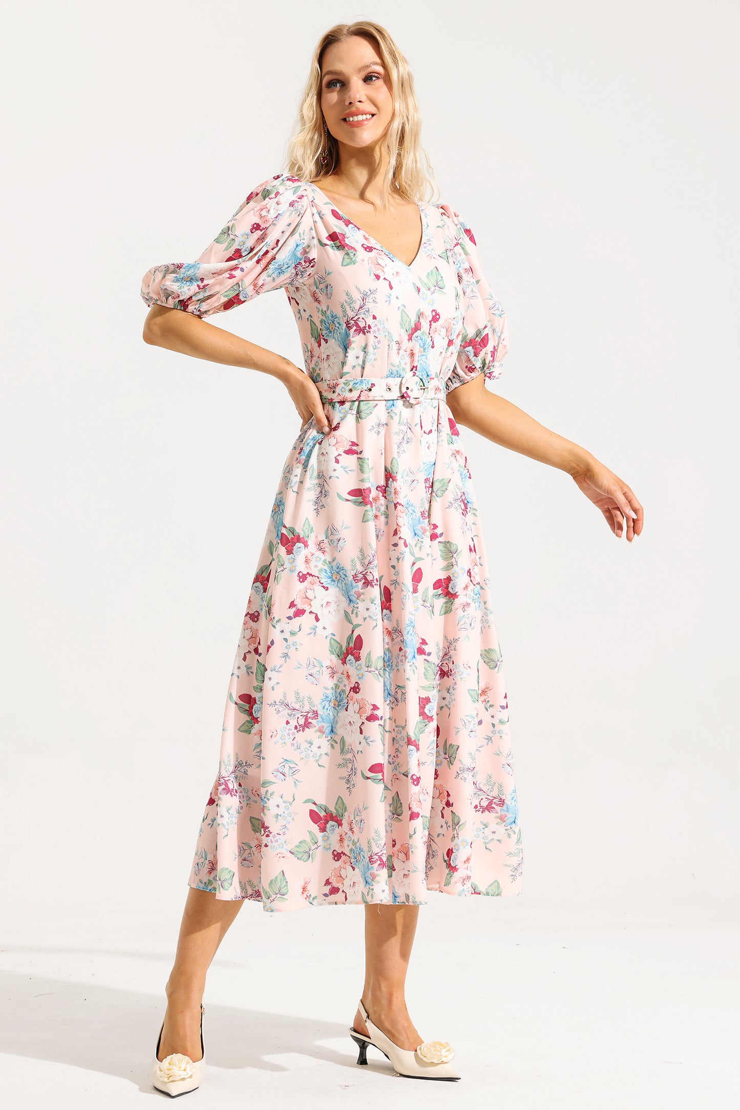 Floral V-Neck Puff Sleeve Midi Dress With Belt