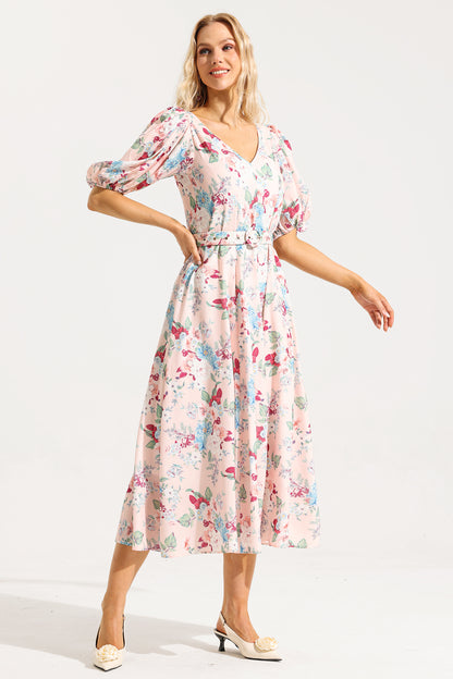 Floral V-Neck Puff Sleeve Midi Dress With Belt