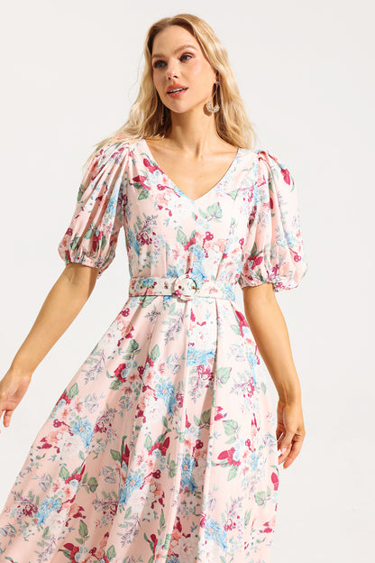 Floral V-Neck Puff Sleeve Midi Dress With Belt