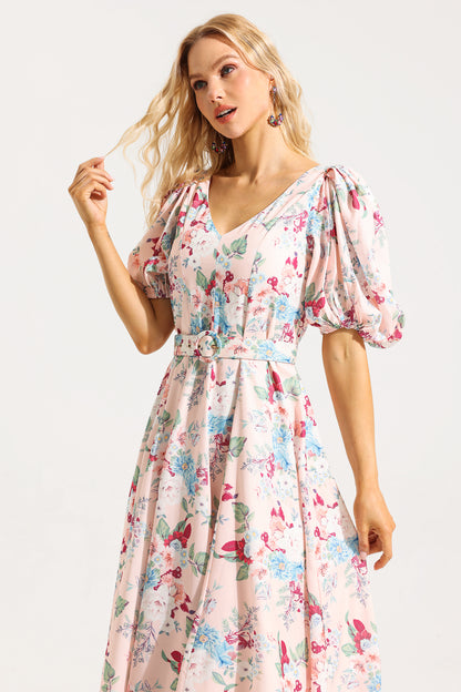 Floral V-Neck Puff Sleeve Midi Dress With Belt
