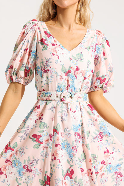Floral V-Neck Puff Sleeve Midi Dress With Belt