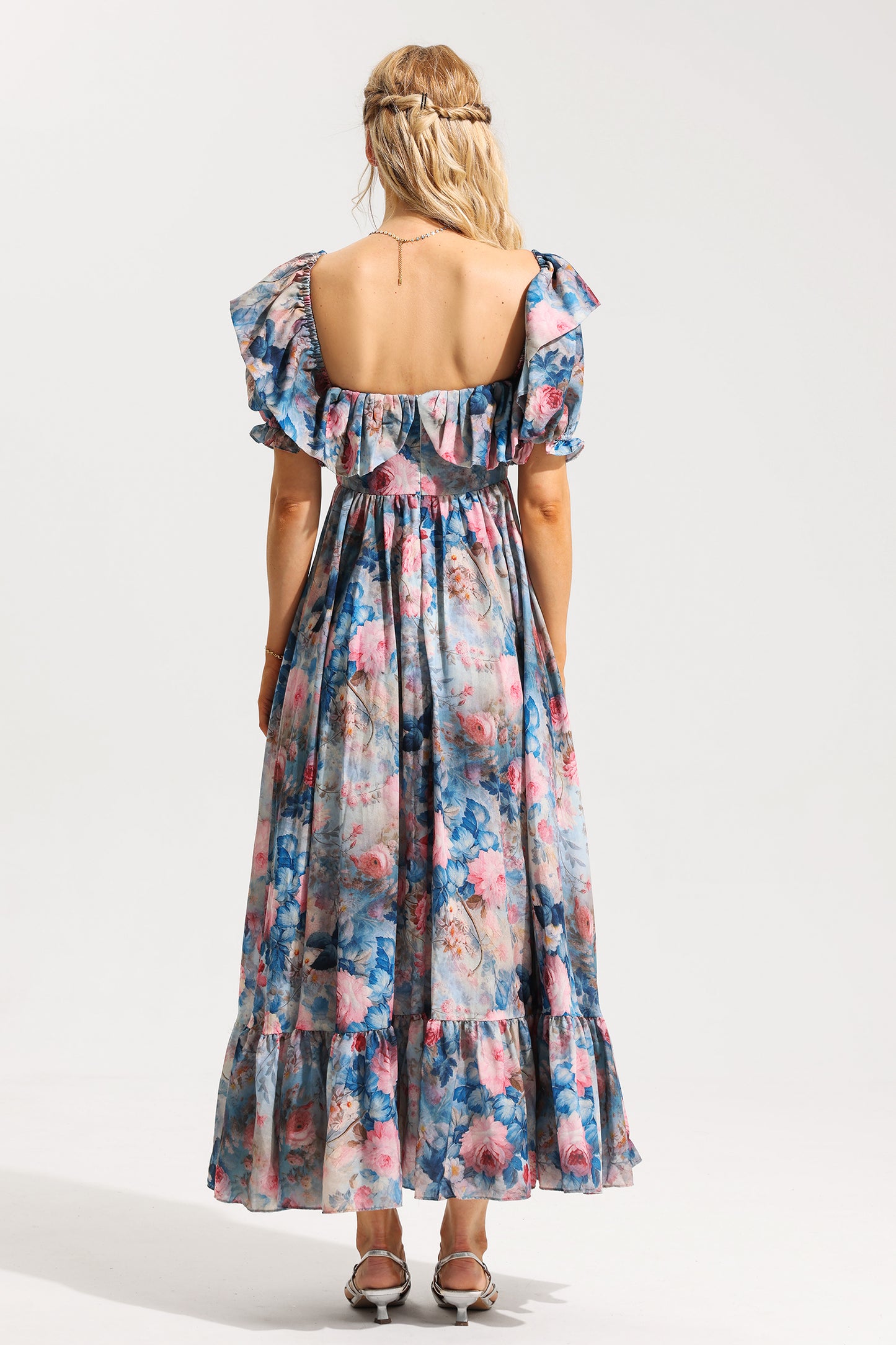 Floral Frill Puff Sleeve Sweetheart Neck Maxi Dress