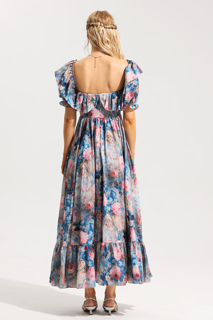 Floral Frill Puff Sleeve Sweetheart Neck Maxi Dress