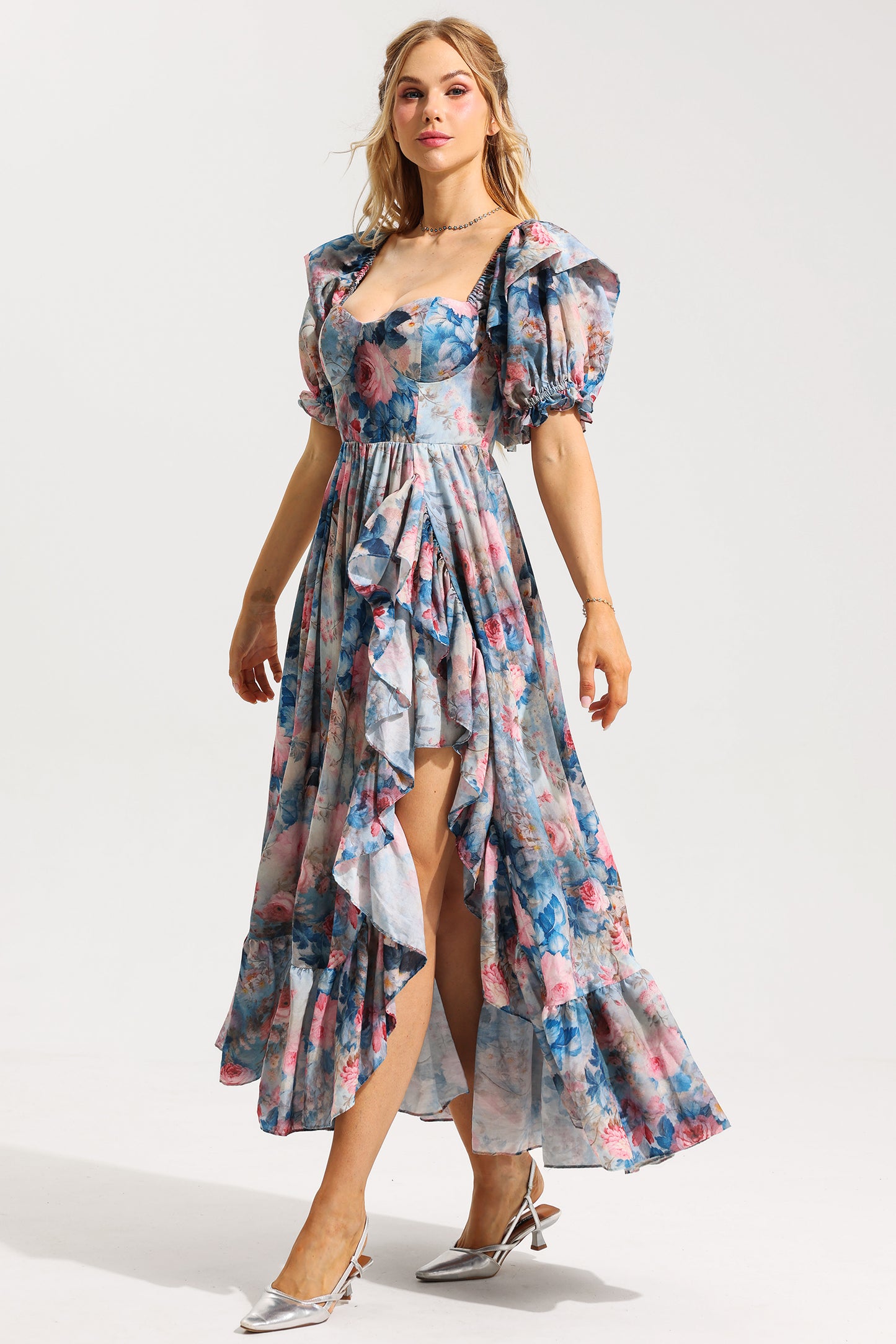Floral Frill Puff Sleeve Sweetheart Neck Maxi Dress
