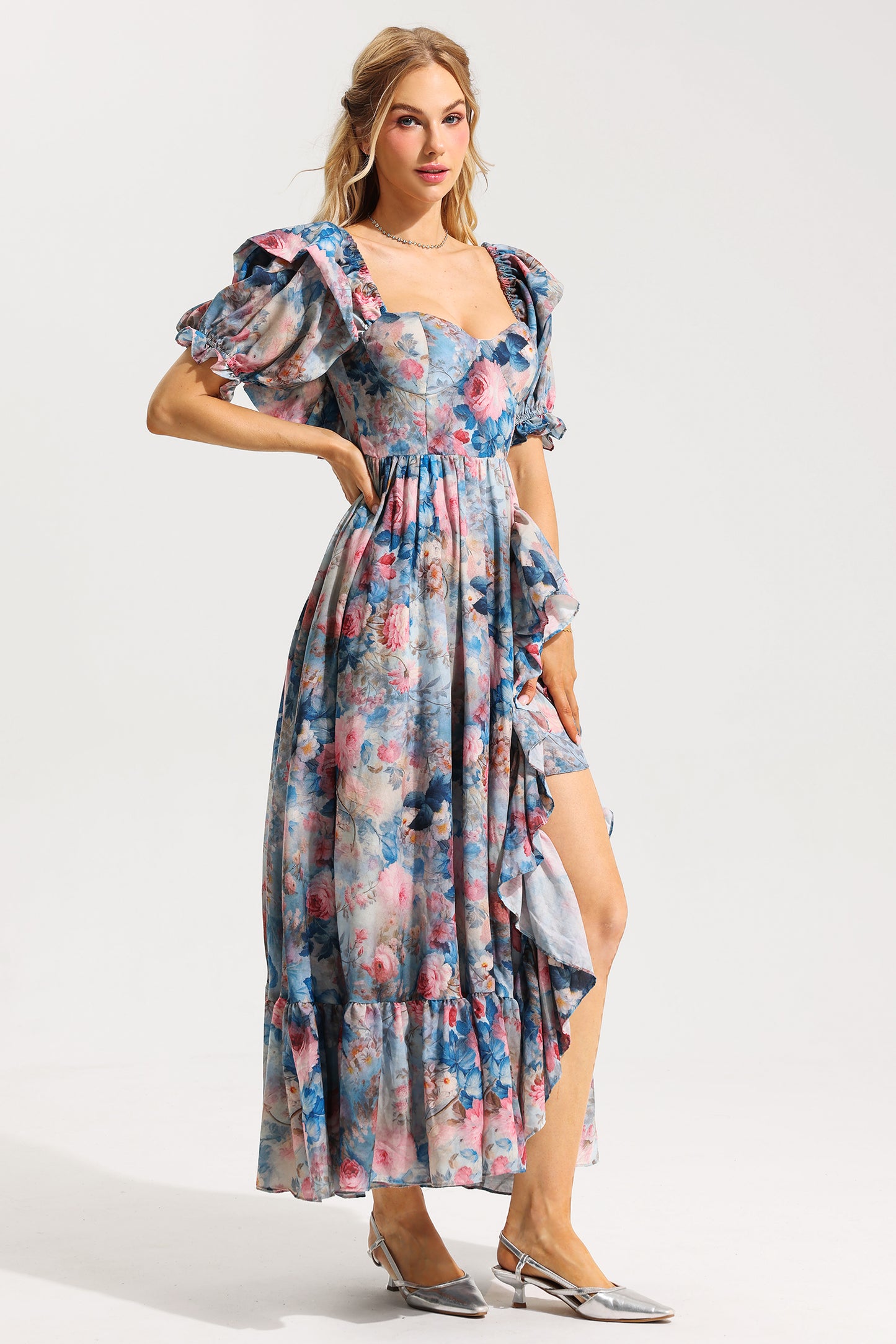 Floral Frill Puff Sleeve Sweetheart Neck Maxi Dress