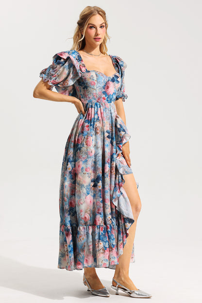 Floral Frill Puff Sleeve Sweetheart Neck Maxi Dress