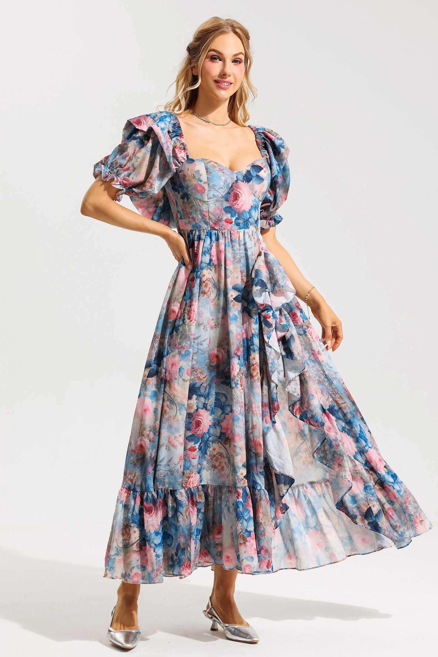 Floral Frill Puff Sleeve Sweetheart Neck Maxi Dress