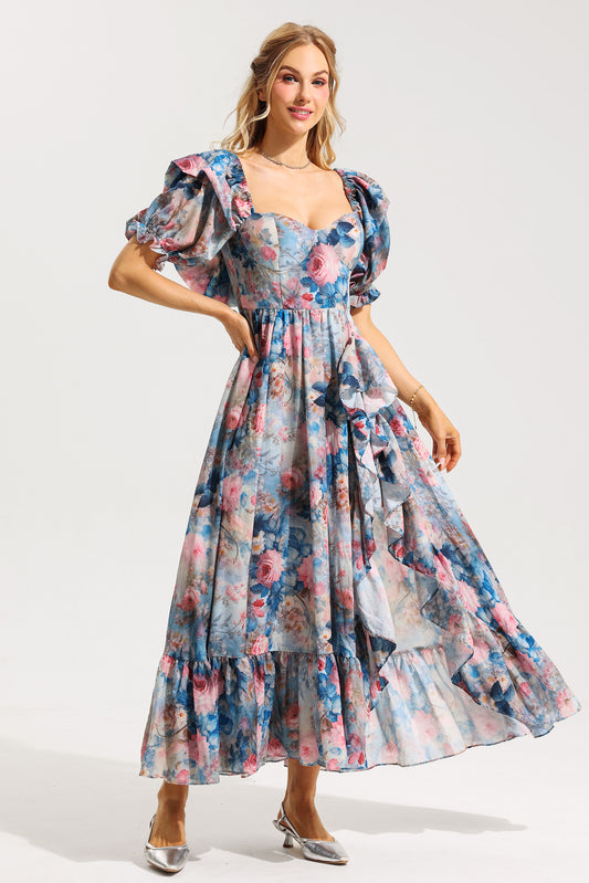 Floral Frill Puff Sleeve Sweetheart Neck Maxi Dress