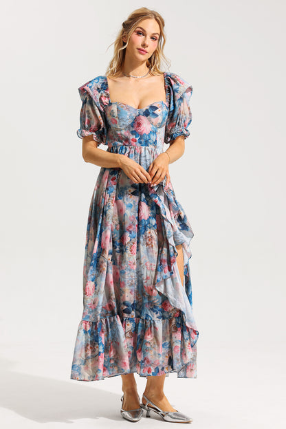 Floral Frill Puff Sleeve Sweetheart Neck Maxi Dress