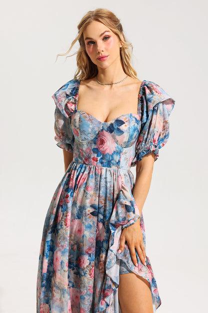 Floral Frill Puff Sleeve Sweetheart Neck Maxi Dress
