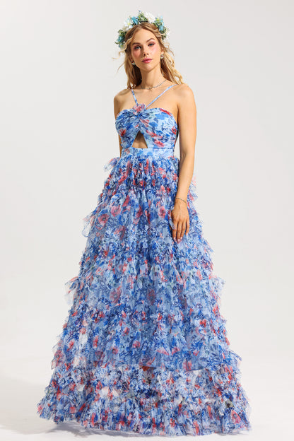 3D Floral Halter Neck Frill Maxi Dress