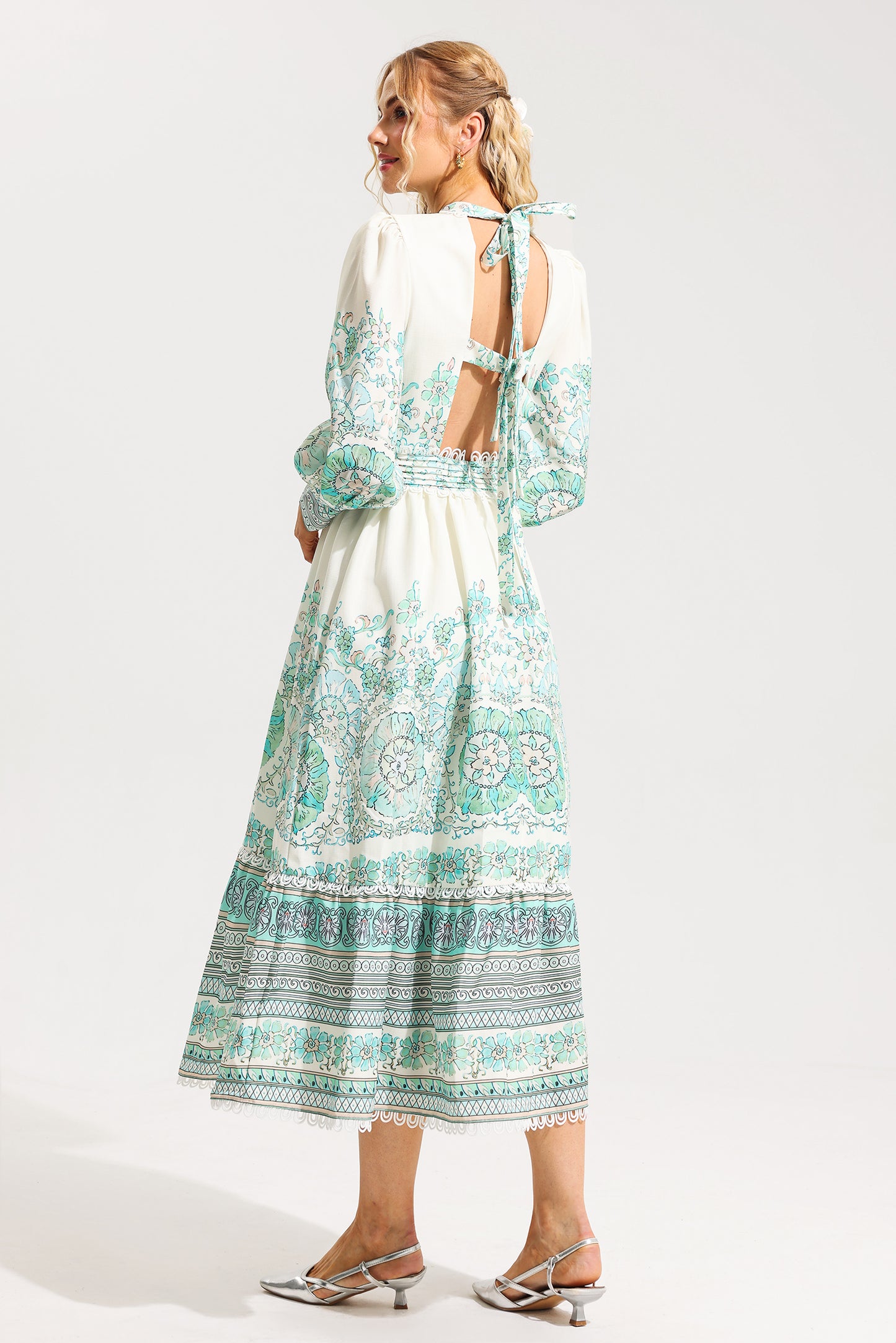 Floral Lantern Sleeve Pleated Midi Dress