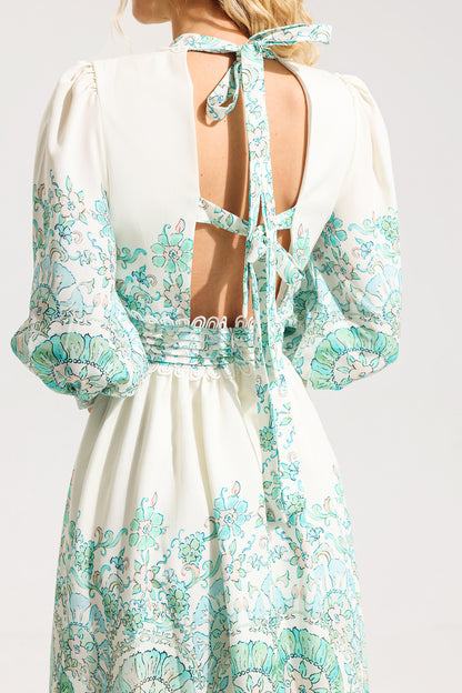 Floral Lantern Sleeve Pleated Midi Dress