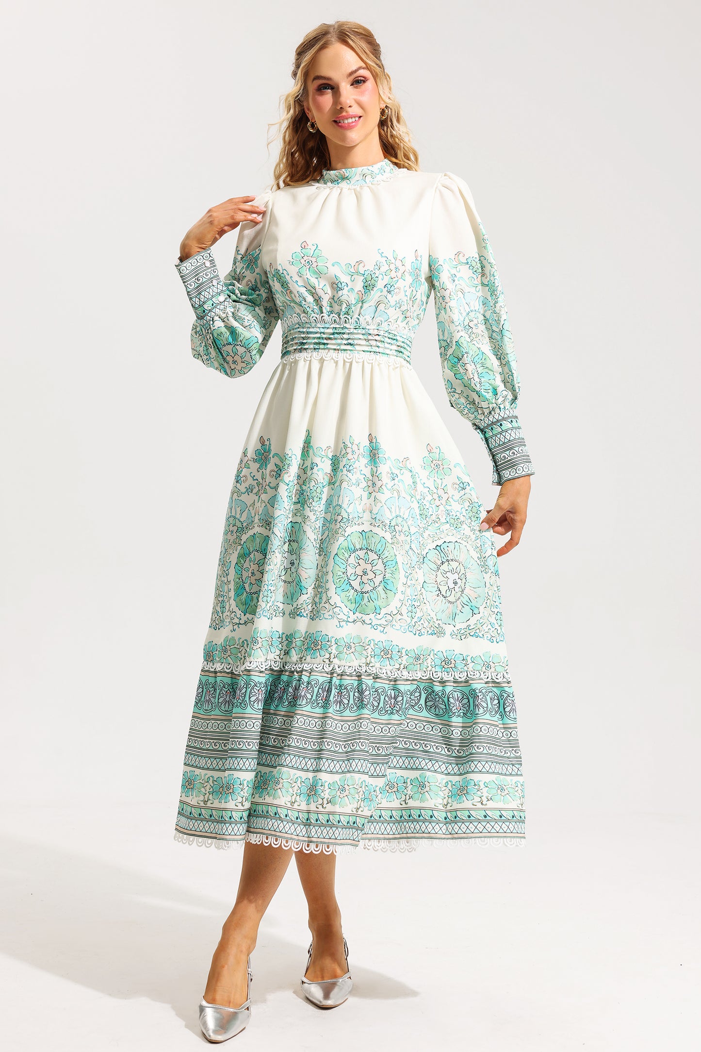Floral Lantern Sleeve Pleated Midi Dress