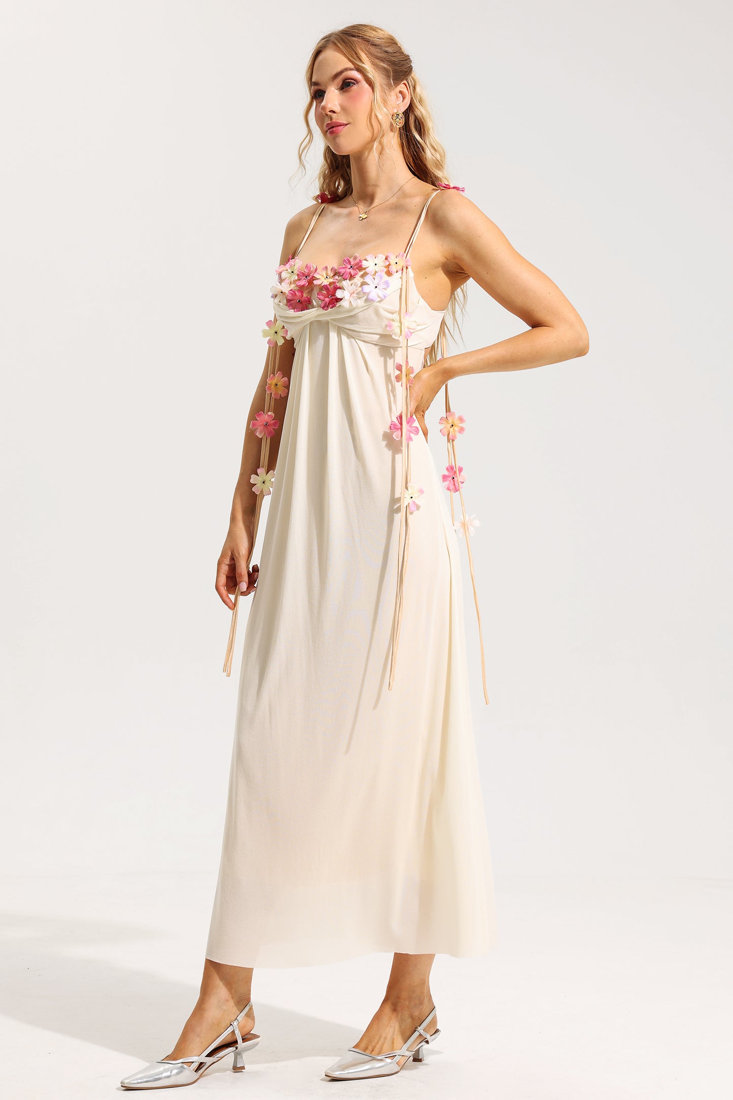 3D Floral Mesh Sleeveless Midi Dress