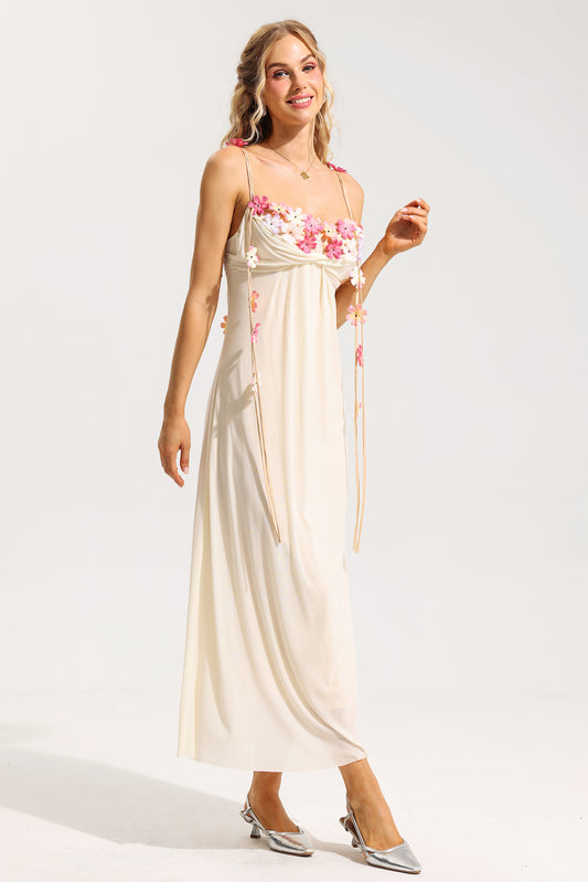 3D Floral Mesh Sleeveless Midi Dress