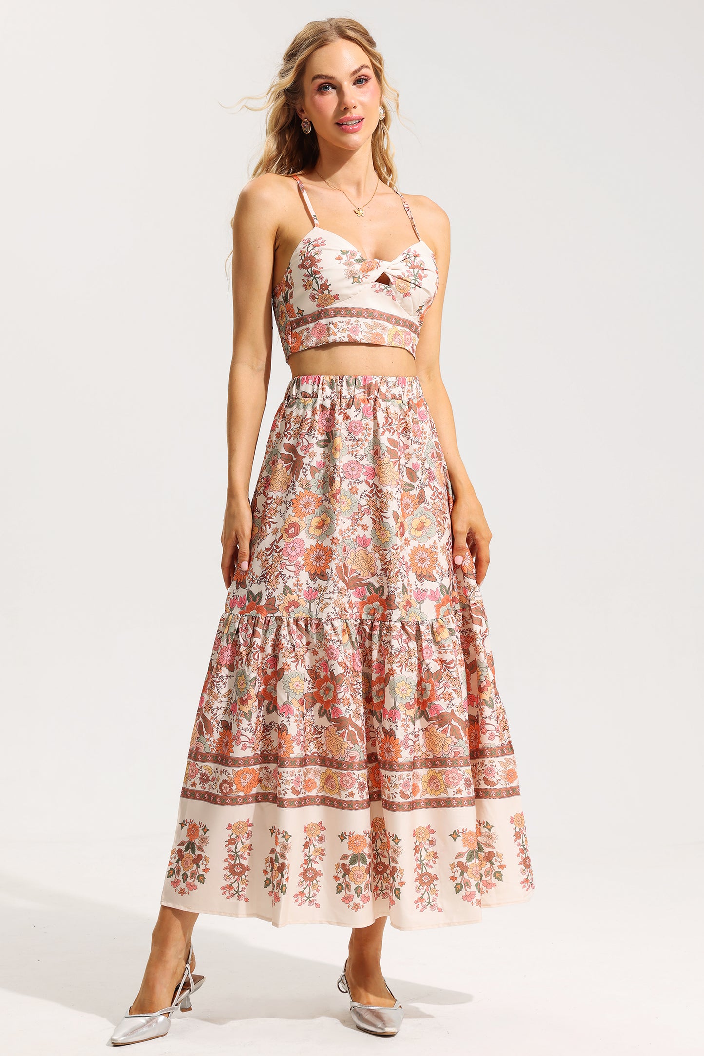 Floral Knotted Mini Top ＆ High Waist Midi Skirt Set