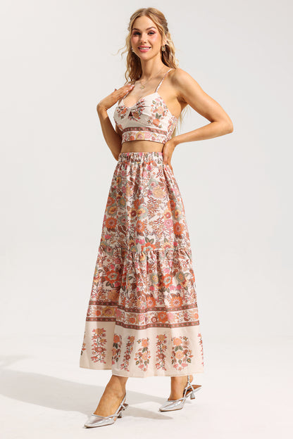 Floral Knotted Mini Top ＆ High Waist Midi Skirt Set