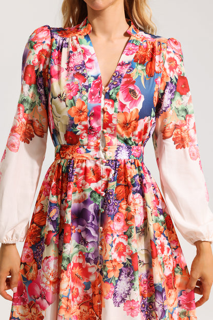 Floral Lantern Sleeve Midi Dress