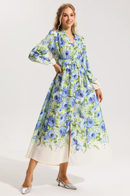 Floral Bottom Lantern Sleeve Midi Dress