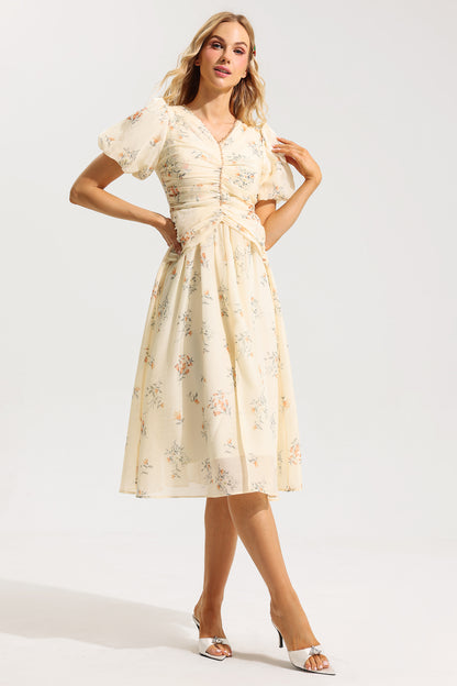 Floral V-Neck Short Sleeve Midi Dress