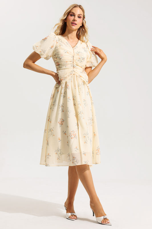 Floral V-Neck Short Sleeve Midi Dress