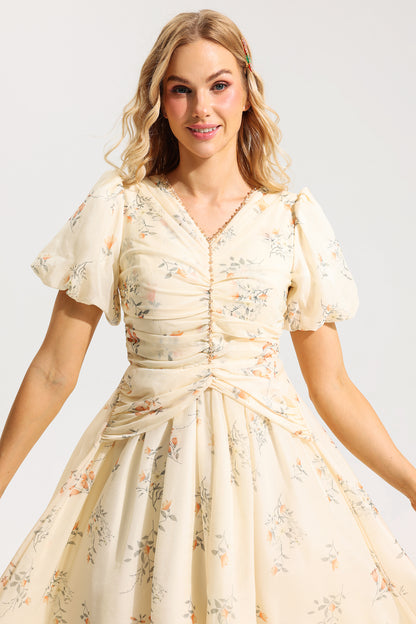 Floral V-Neck Short Sleeve Midi Dress