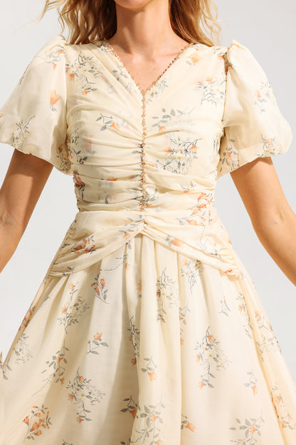 Floral V-Neck Short Sleeve Midi Dress