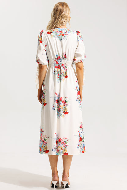 Floral Bottom Puff Sleeve Midi Dress
