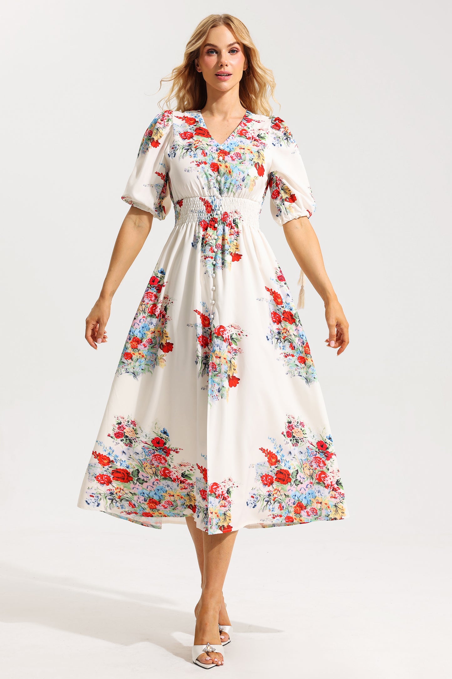 Floral Bottom Puff Sleeve Midi Dress