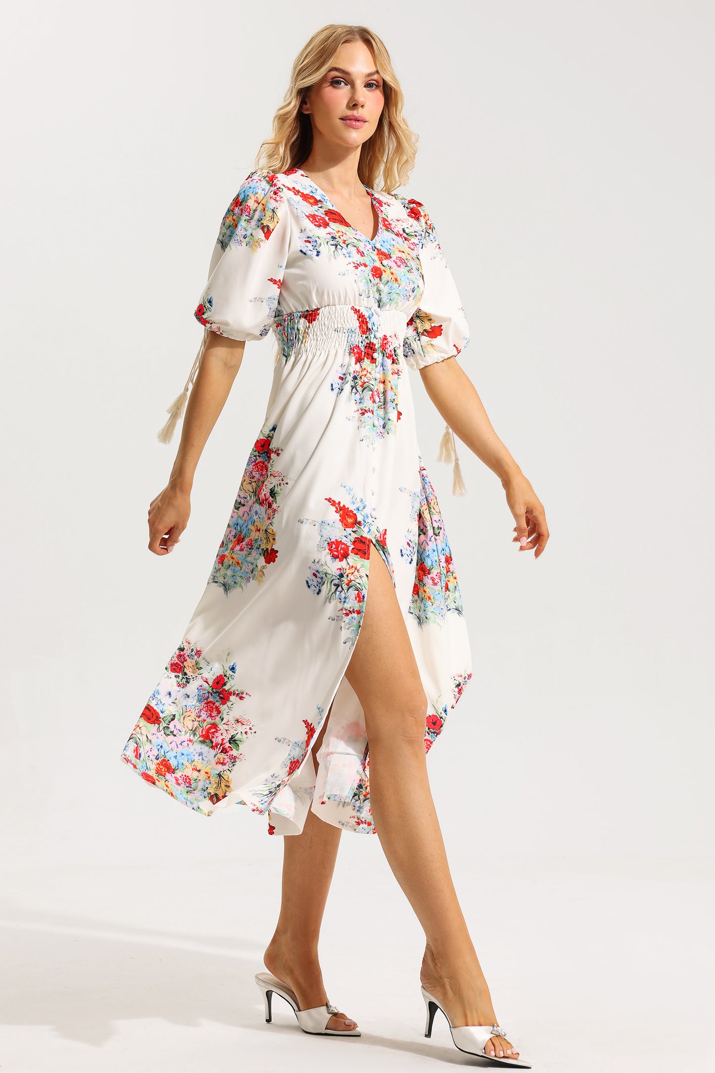 Floral Bottom Puff Sleeve Midi Dress