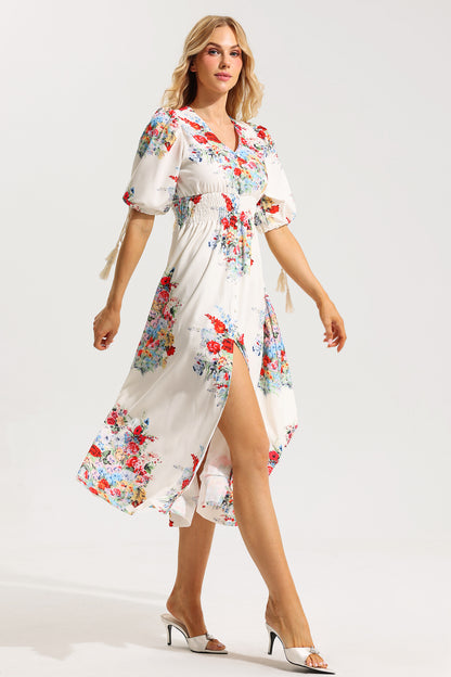 Floral Bottom Puff Sleeve Midi Dress