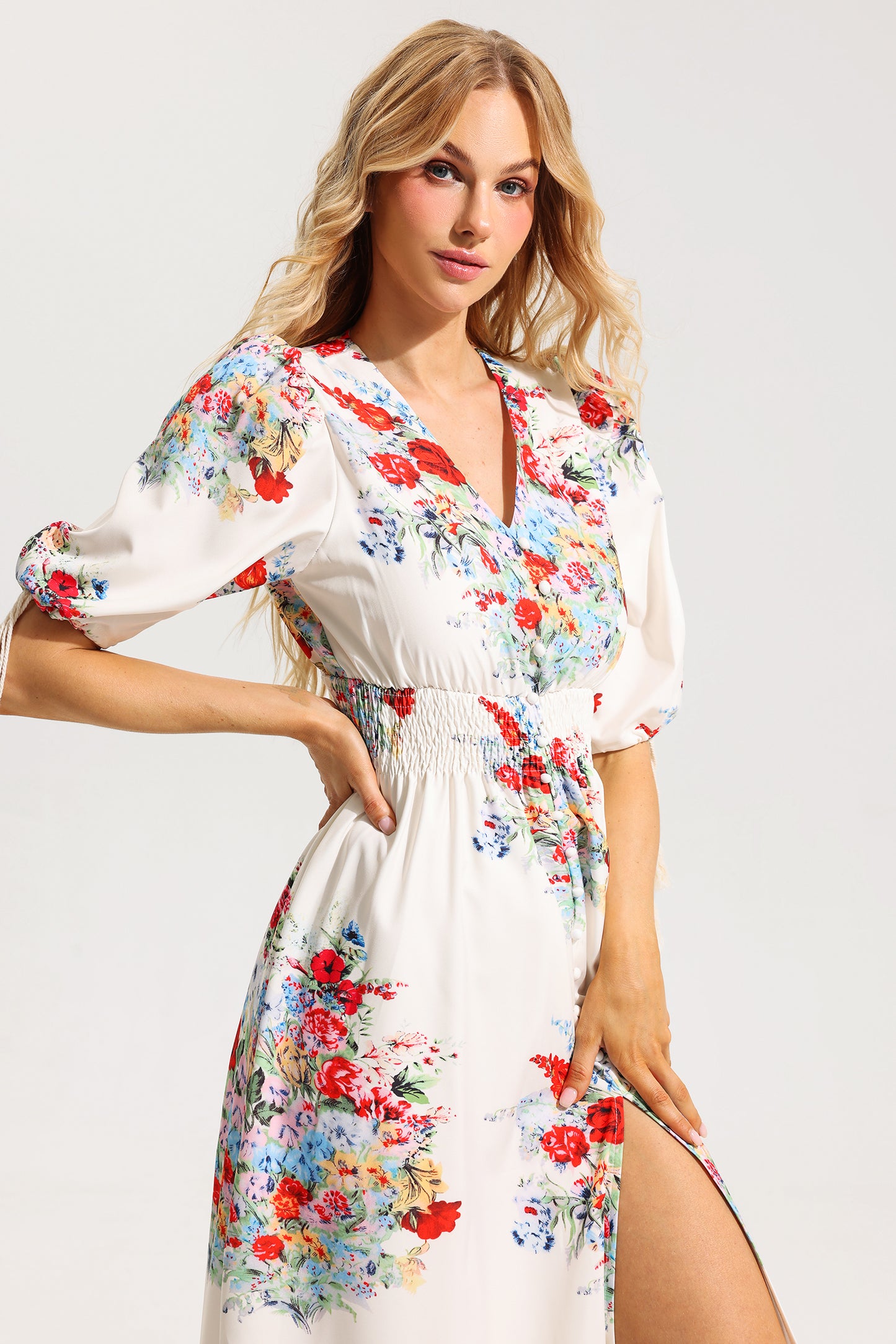 Floral Bottom Puff Sleeve Midi Dress