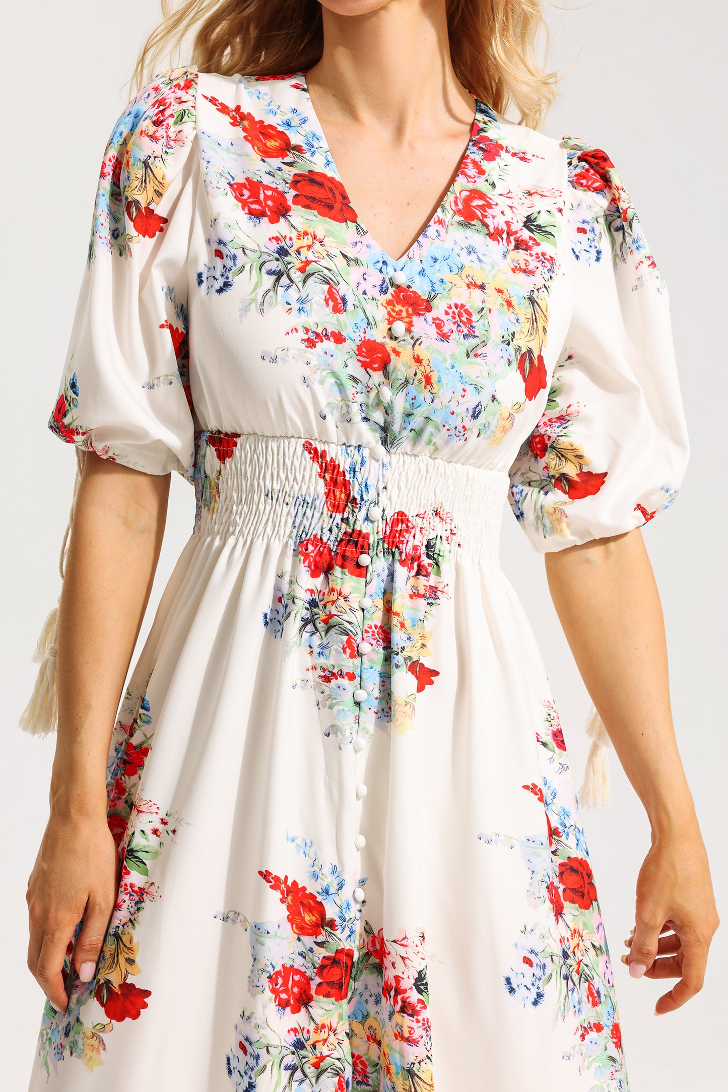 Floral Bottom Puff Sleeve Midi Dress