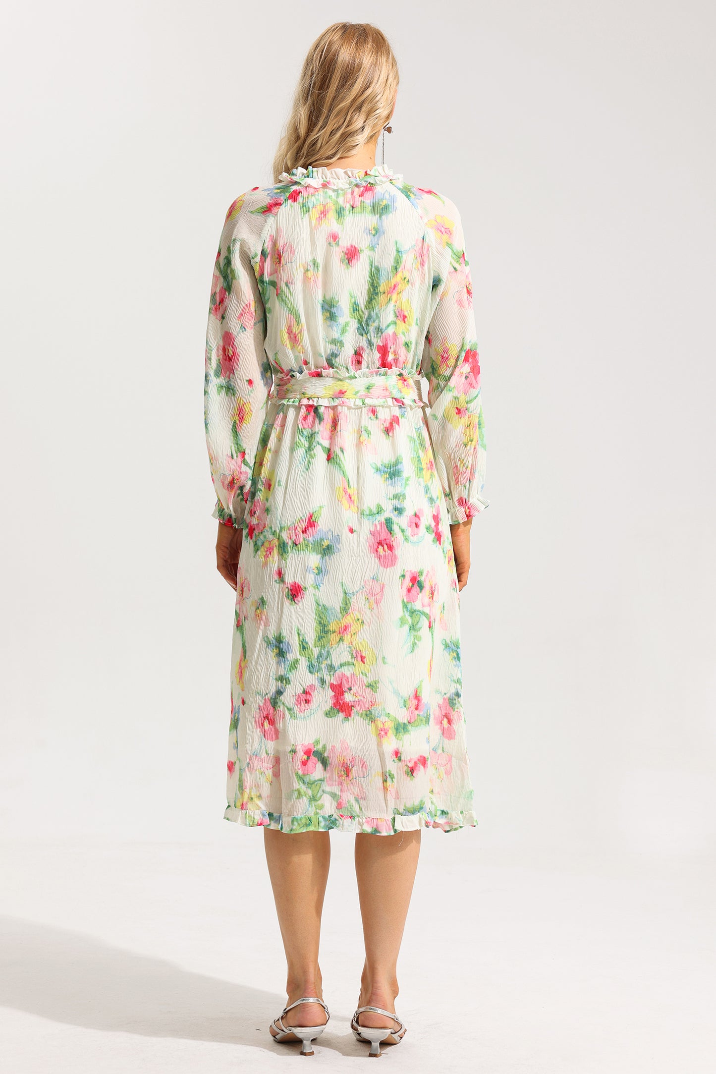 Floral Lace Up Frill Midi Dress