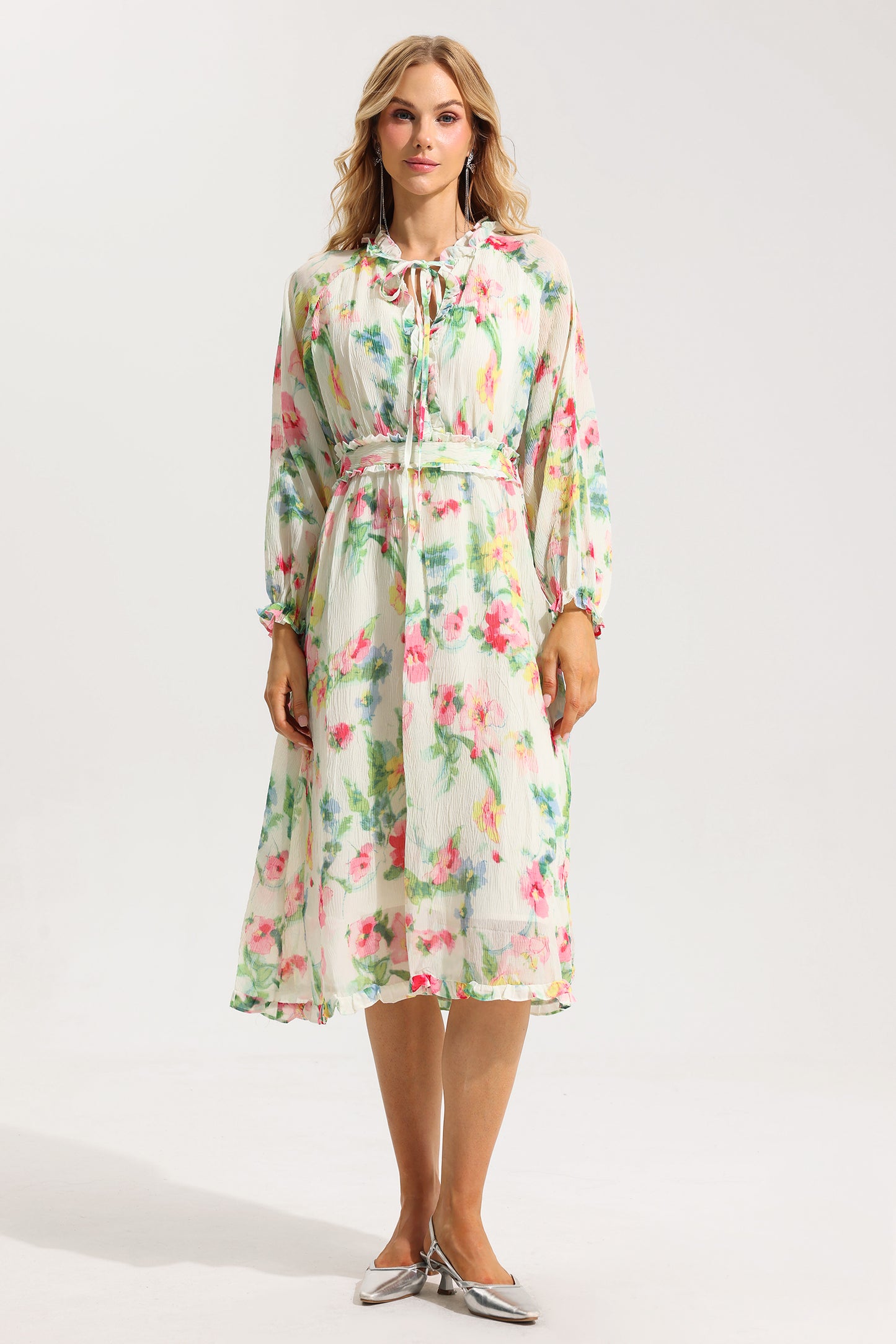 Floral Lace Up Frill Midi Dress