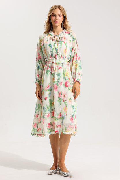 Floral Lace Up Frill Midi Dress