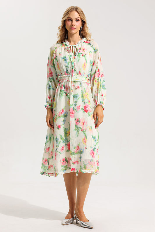 Floral Lace Up Frill Midi Dress