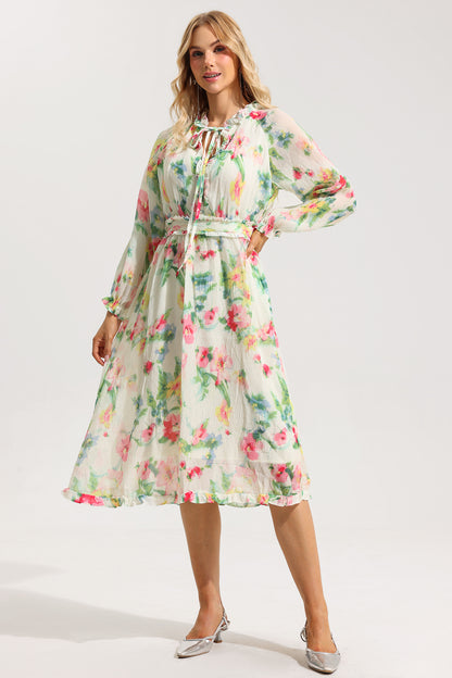 Floral Lace Up Frill Midi Dress