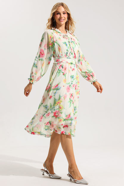 Floral Lace Up Frill Midi Dress