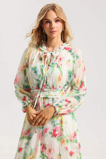 Floral Lace Up Frill Midi Dress