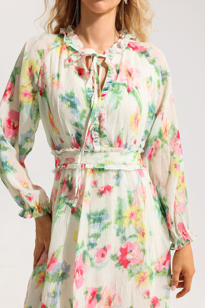 Floral Lace Up Frill Midi Dress