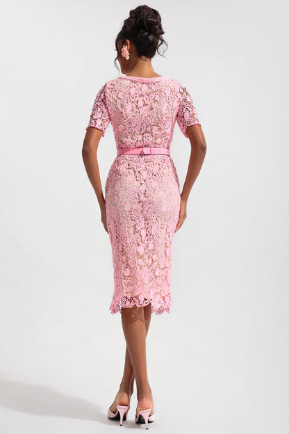 Lace Metal Bottom Round Neck Midi Dress