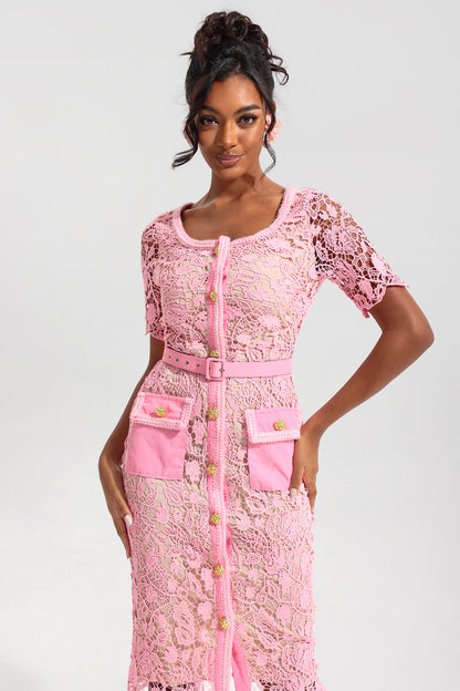 Lace Metal Bottom Round Neck Midi Dress