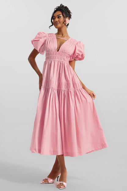 Solid V-Neck Puff Sleeve Midi Dress