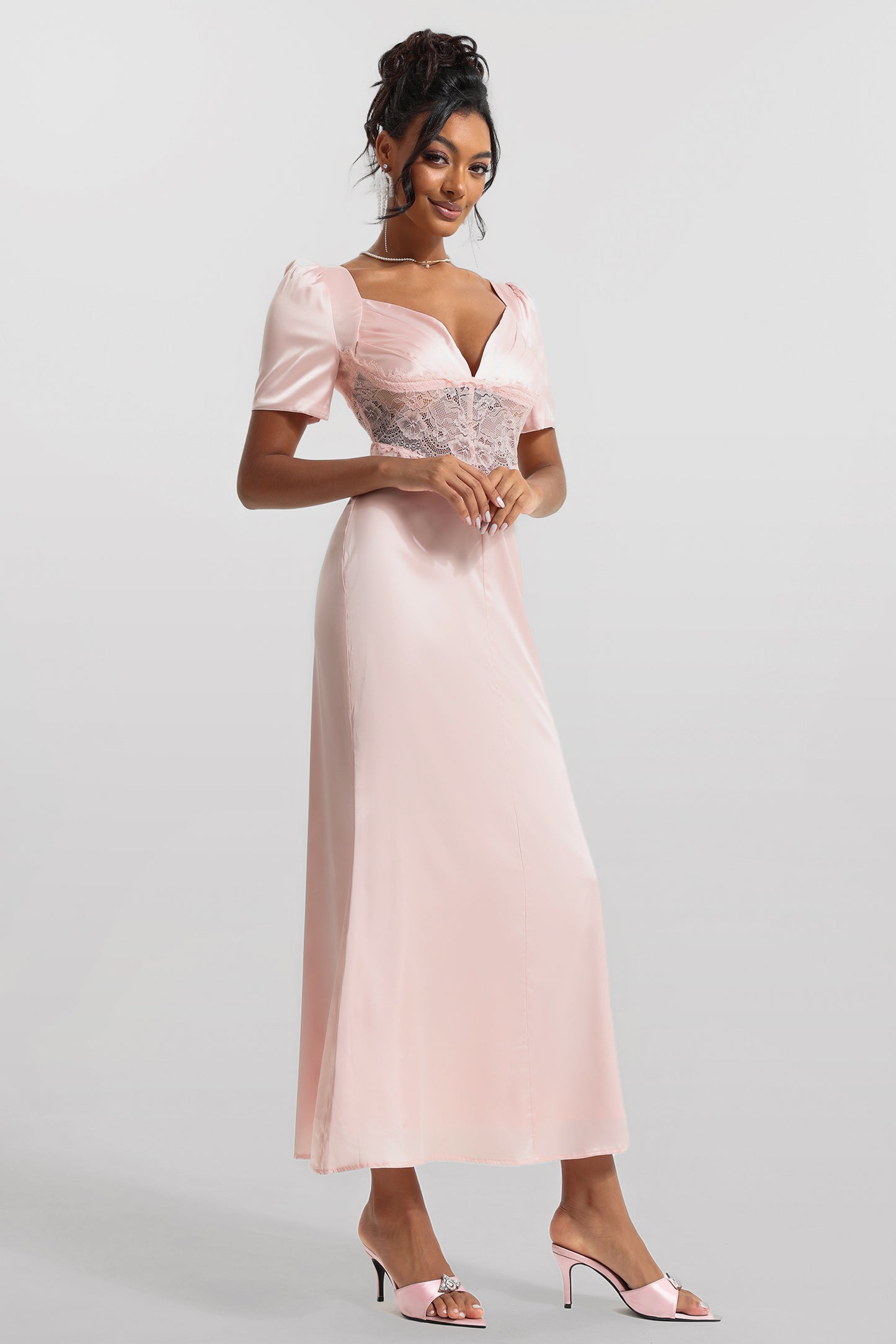 Satin Solid Lace V-Neck Midi Dress