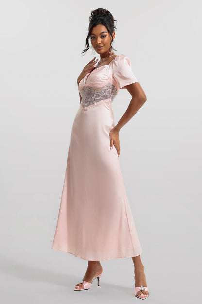 Satin Solid Lace V-Neck Midi Dress