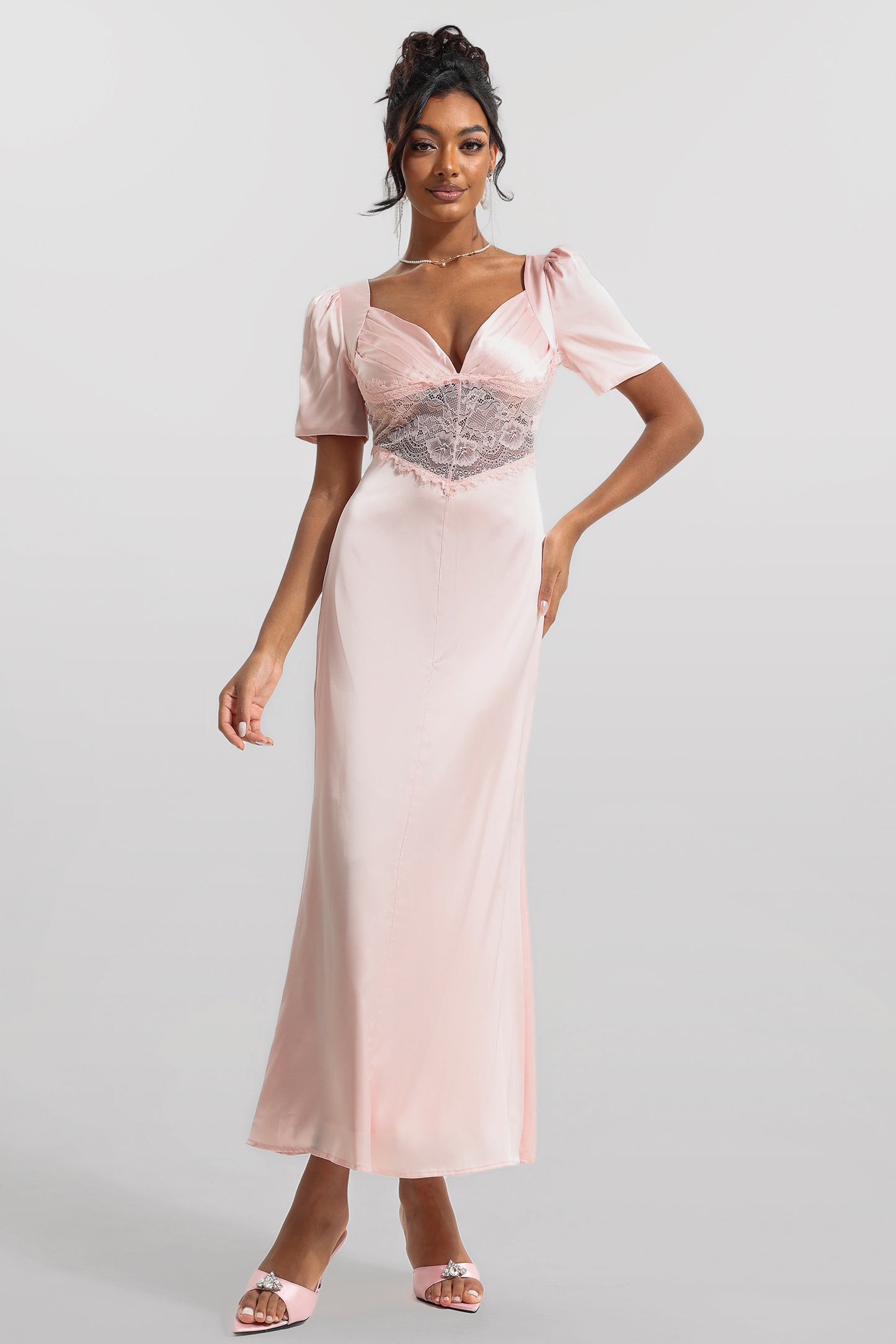 Satin Solid Lace V-Neck Midi Dress