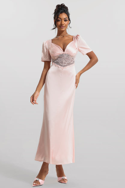 Satin Solid Lace V-Neck Midi Dress
