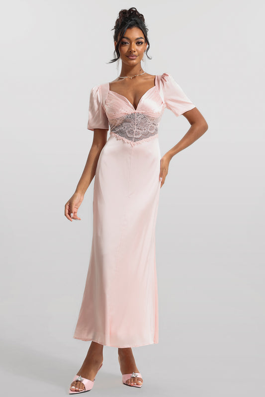 Satin Solid Lace V-Neck Midi Dress